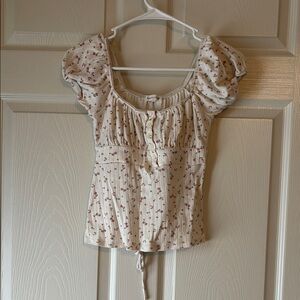 Heart Hips Cream Puff Sleeve Blouse with Ruched Tie Front